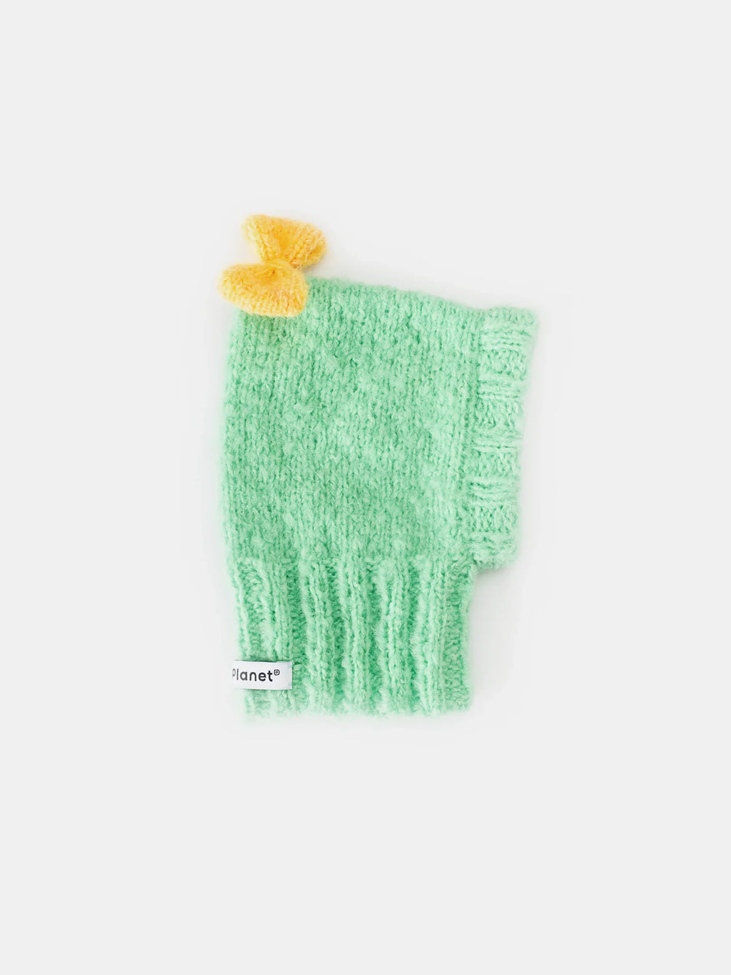 Main product view of the Mint Green "Mochi BonBon" hand-knitted pet beanie with a fuzzy wool texture and warm yellow bow.