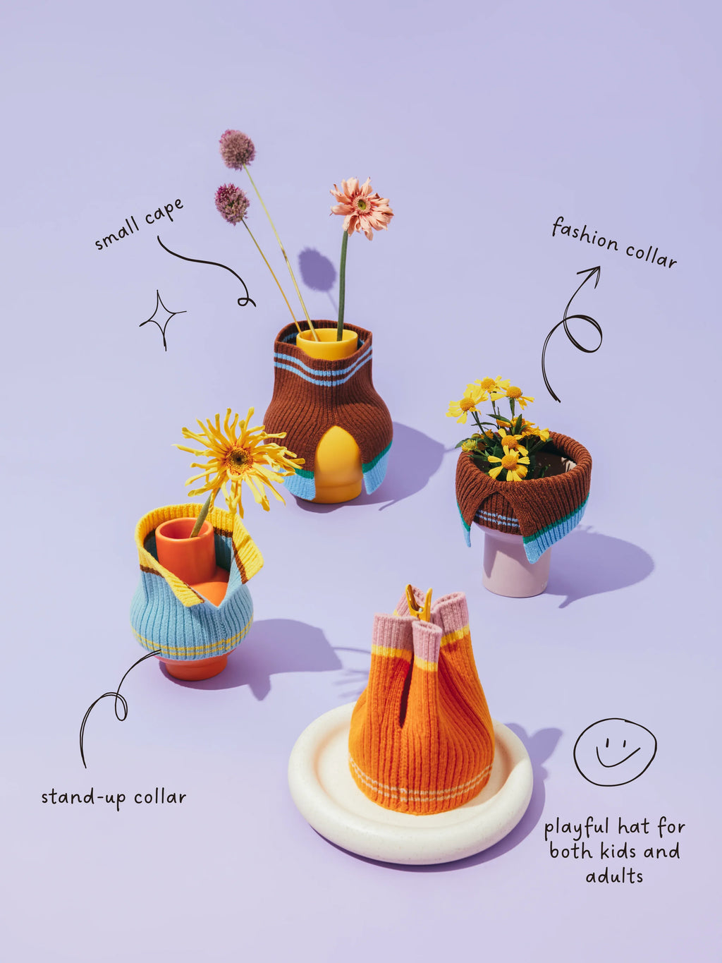 Illustrative guide showing the accessory used as a small cape, fashion collar, stand-up snood, and a playful baozi hat for adults.