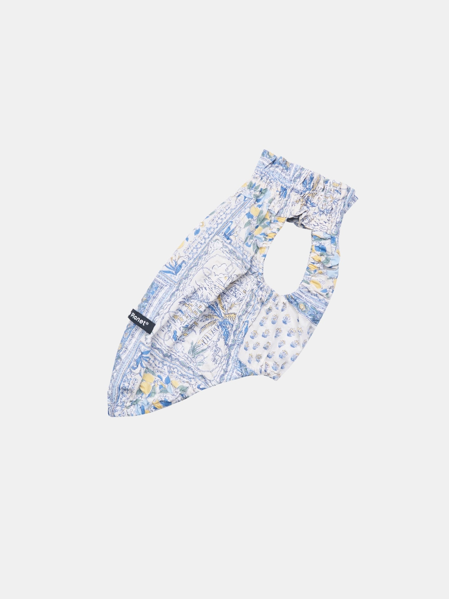 Side view of the Nature's Verse Gentle Wave dog tank in the Amalfi printed cotton fabric.