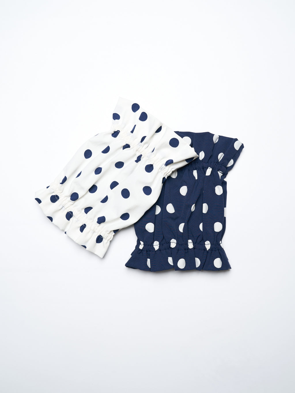 Oasis Polka Dot Dog Ear Snood in White and Navy, made with lightweight breathable fabric and Kyoto Kyo Print polka dots.