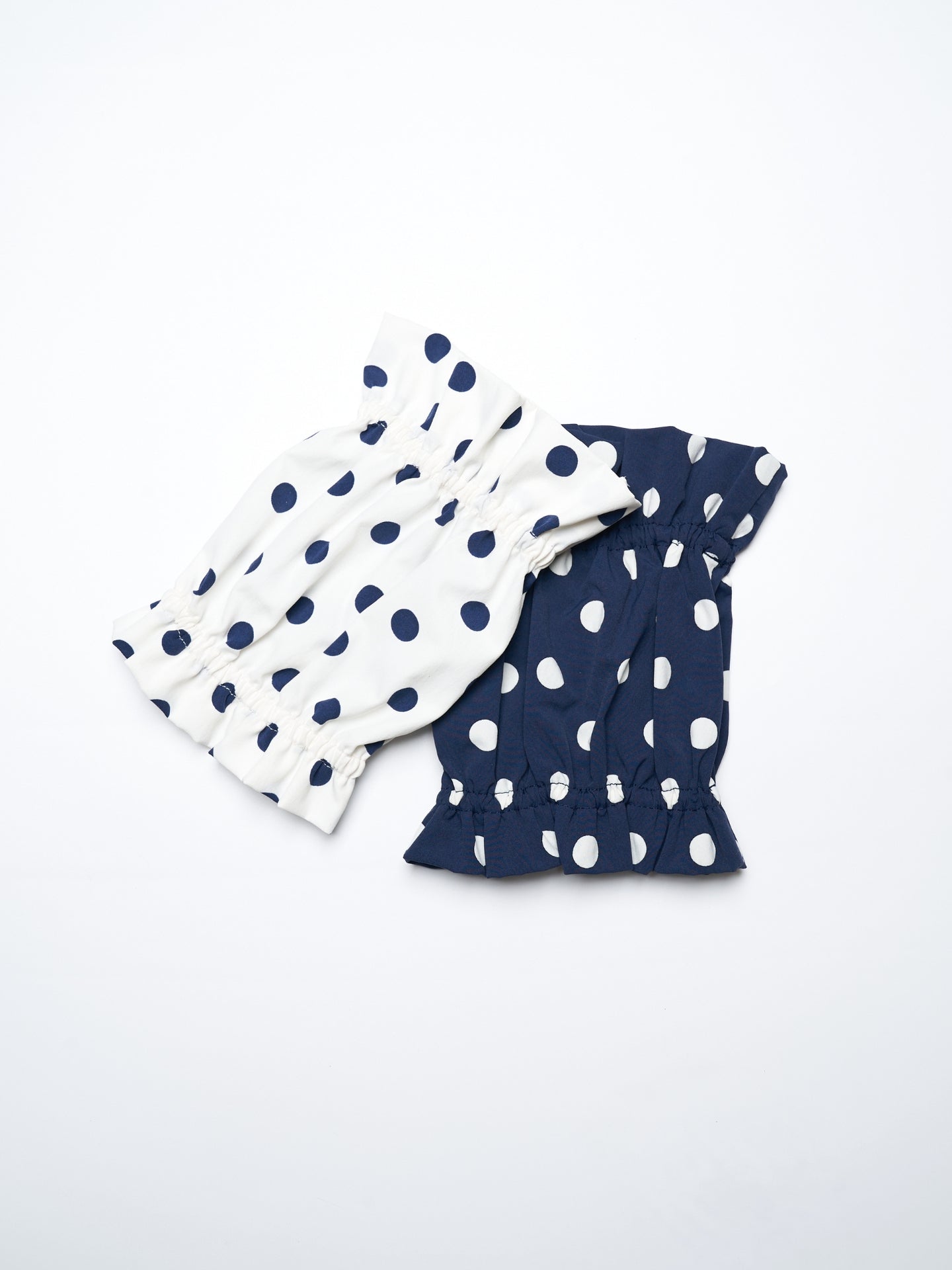 Oasis Polka Dot Dog Ear Snood in White and Navy, made with lightweight breathable fabric and Kyoto Kyo Print polka dots.