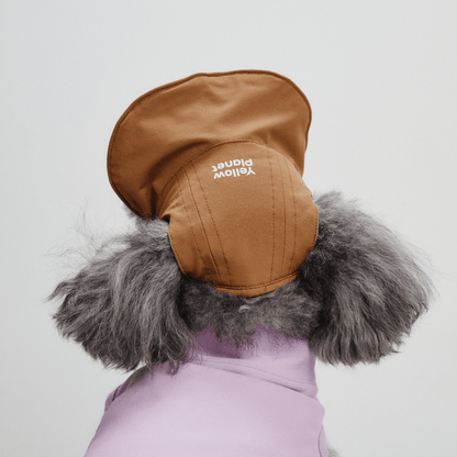 Back view close-up of dog wearing brown Oasis Series 3-in-1 Reversible Lightweight Pet Cap (Adjustable) on white background