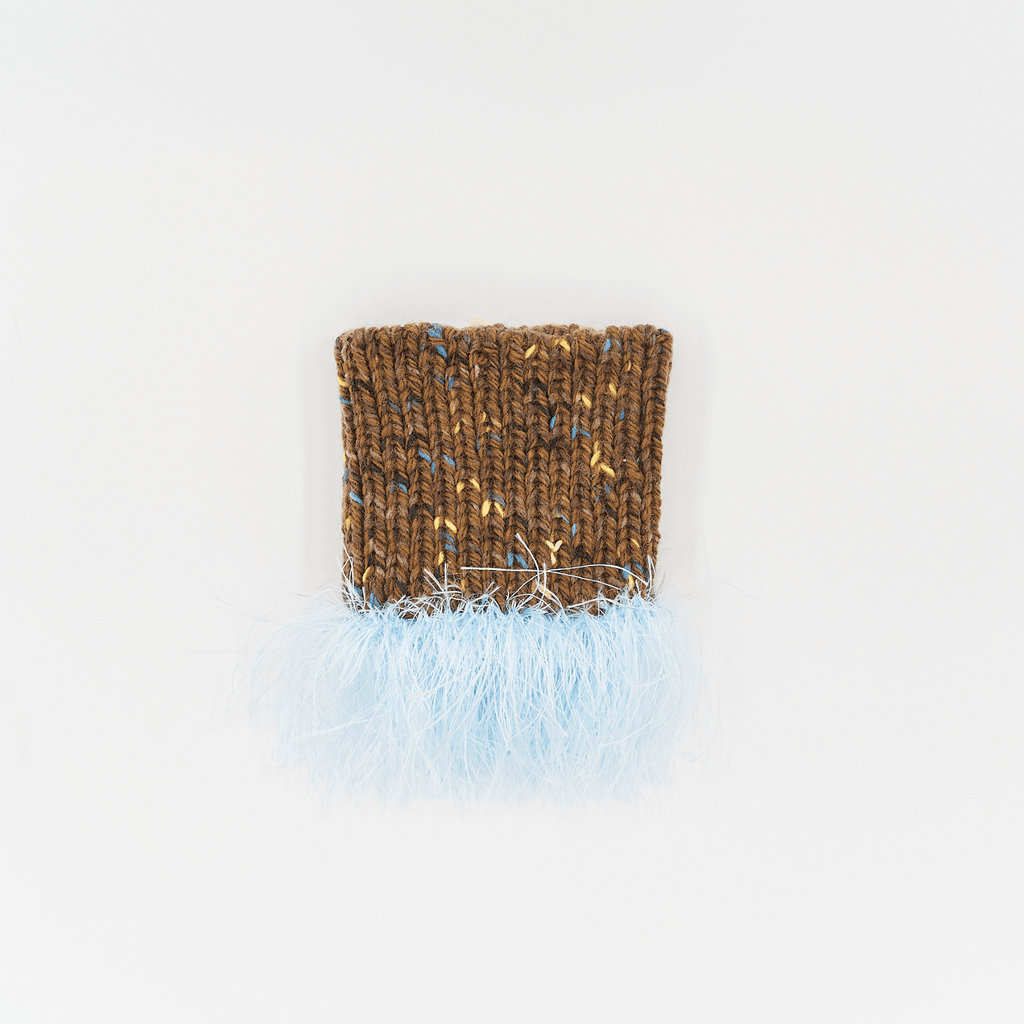 Front view of the brown Pawsome Granny Gang handmade "Duality" wool and yarn snood for pets on white background.