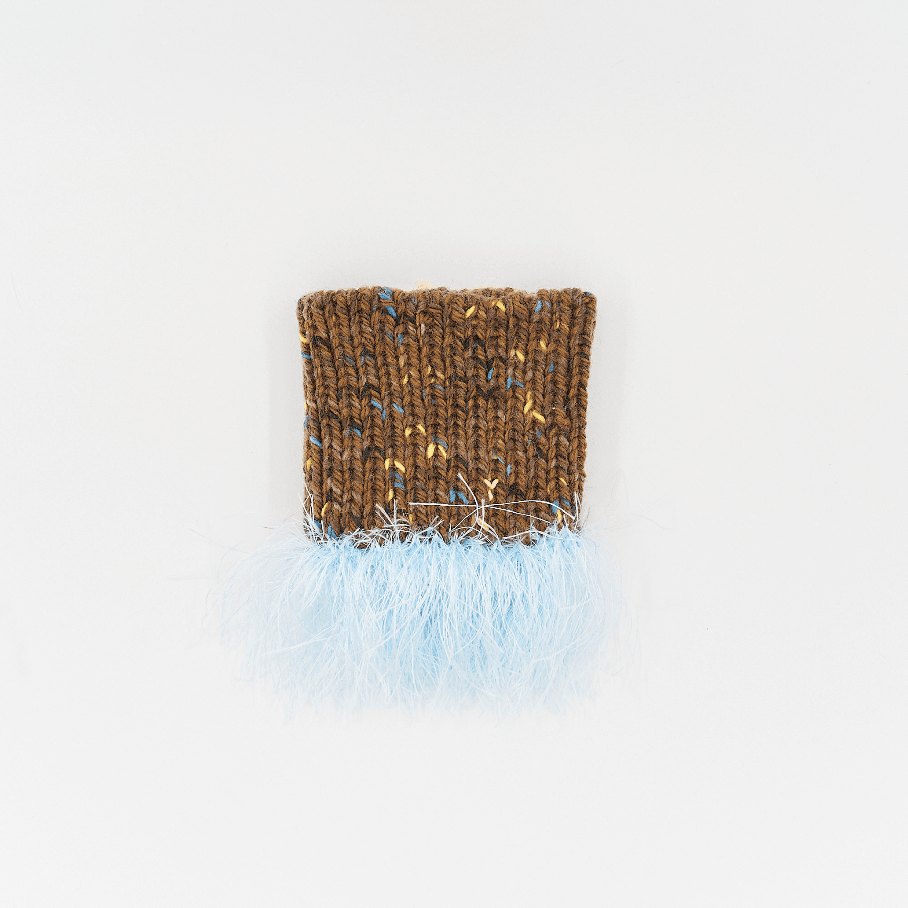 Front view of the brown Pawsome Granny Gang handmade "Duality" wool and yarn snood for pets on white background.