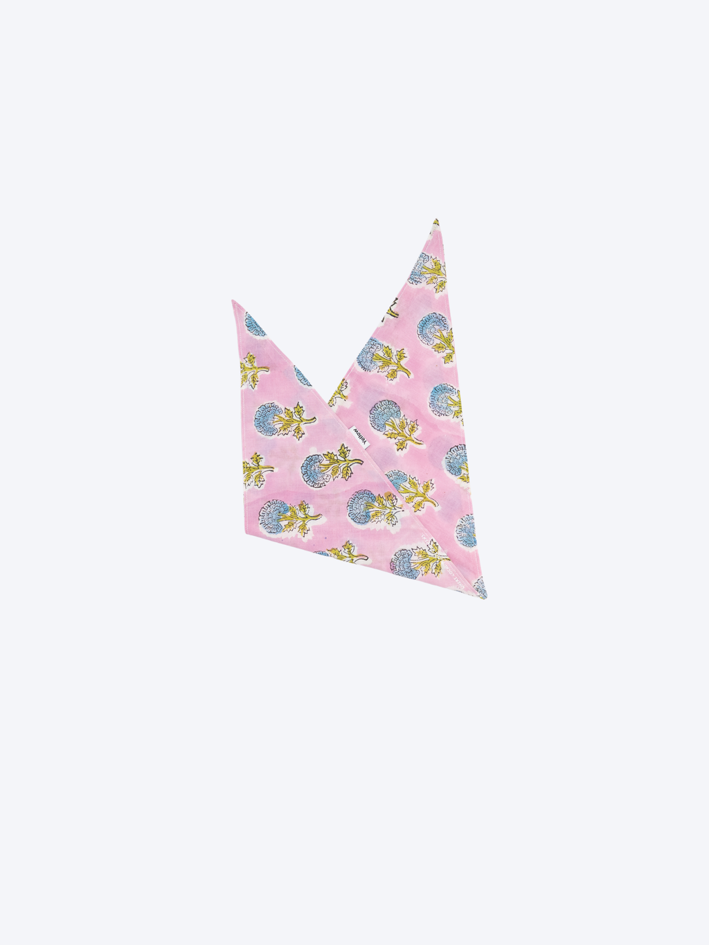 Pink block print Indian cotton bandana folded into a triangle on a white background