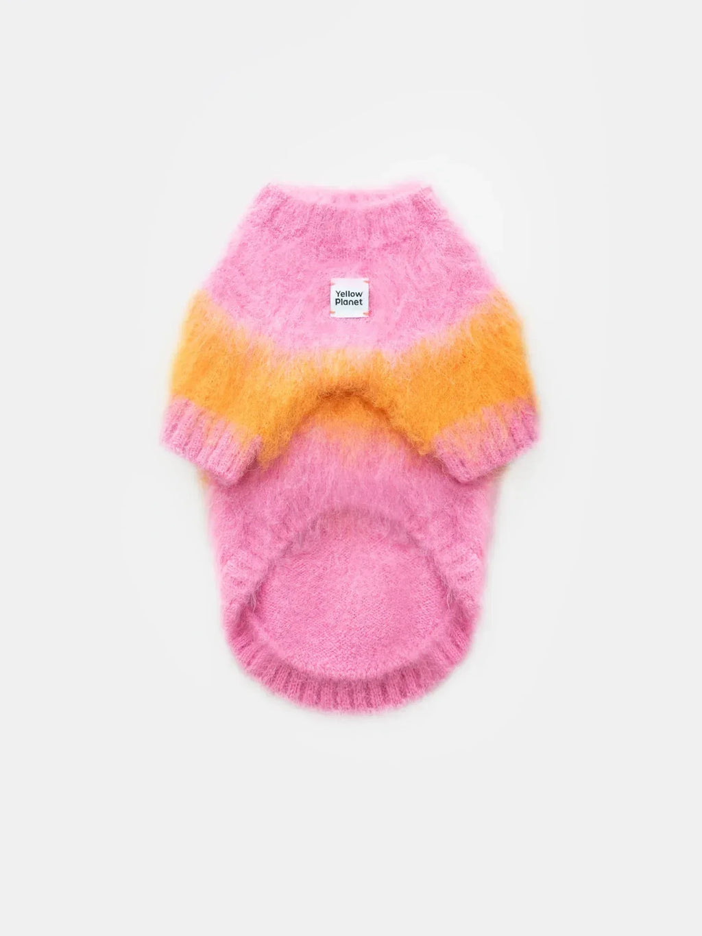 front view of the Pink-Orange brushed knit pet sweater, highlighting the soft fuzzy texture and ribbed trim.