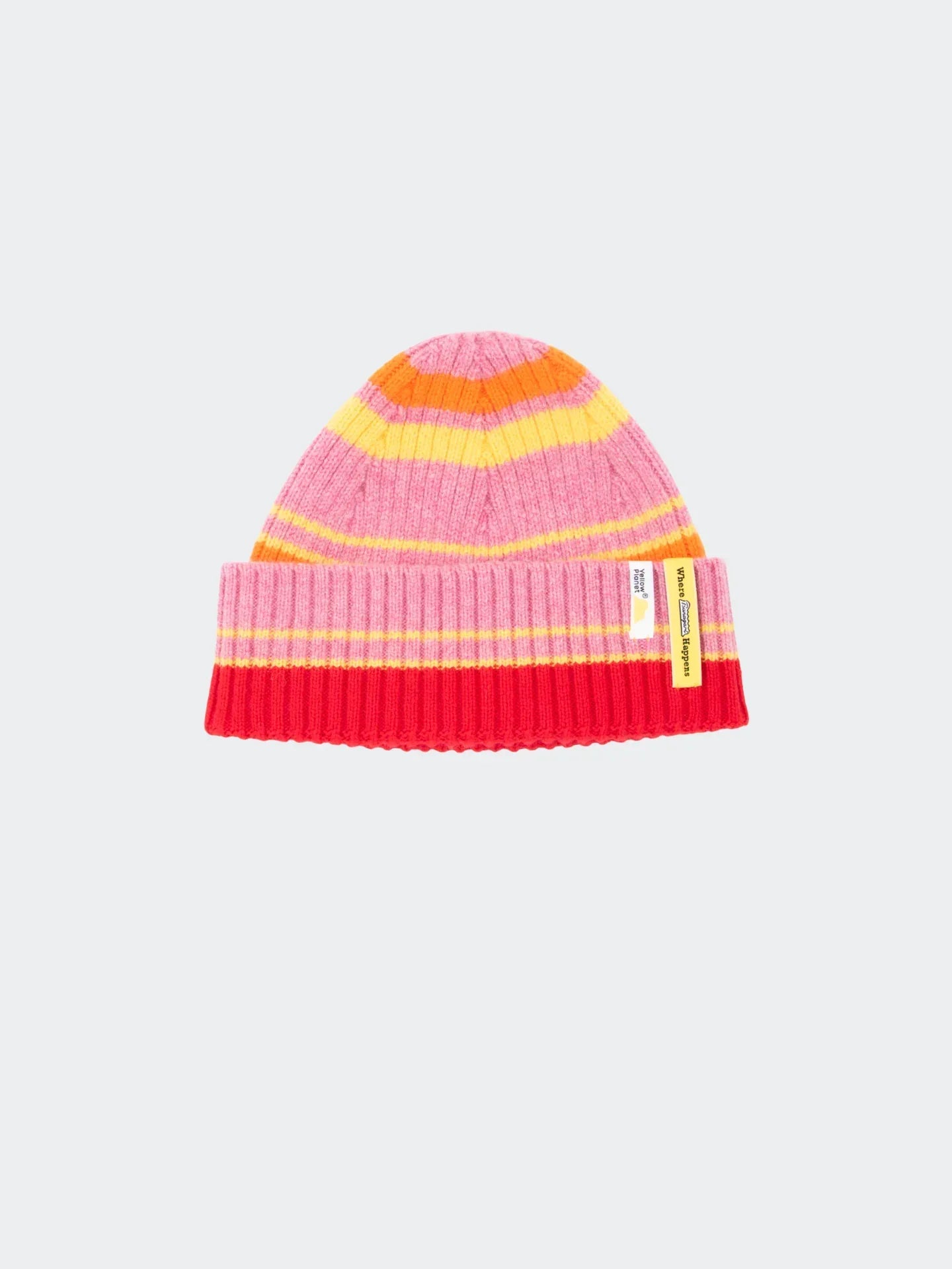 Main product view of the Pink Stripes wool beanie featuring vibrant pink, yellow, and red ribbed knit patterns.