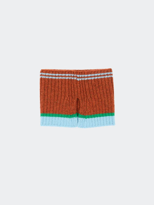 A flat lay of the Chestnut Brown striped pet snood, showcasing the stretchable ribbed knit and blue striped border.