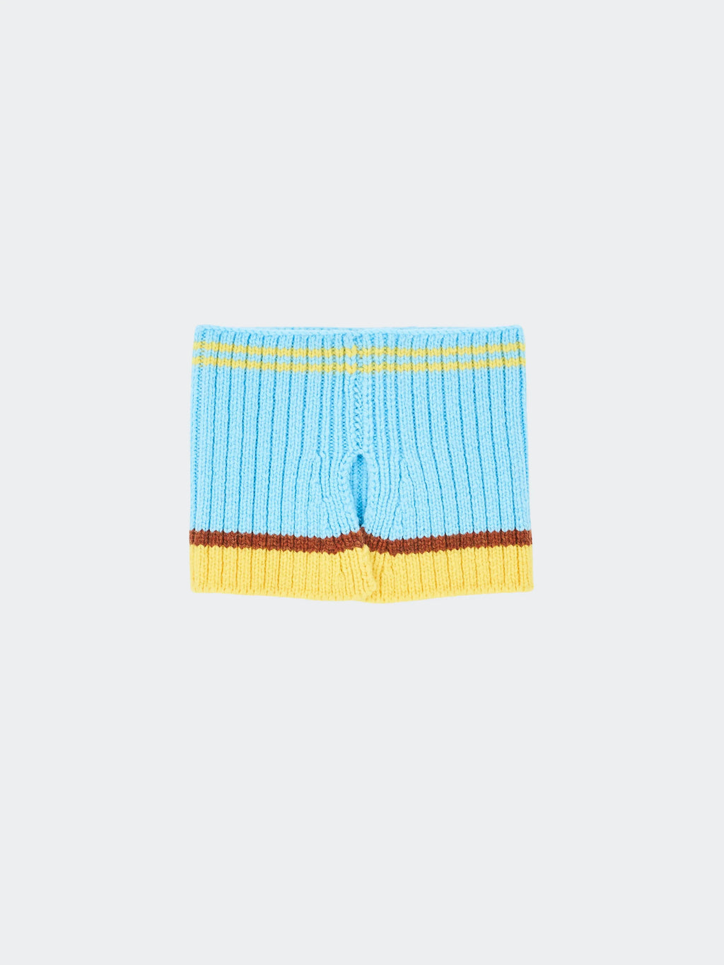Flat lay of the multifunctional Light Blue striped knit collar, showcasing the stretchable ribbed Merino wool texture.