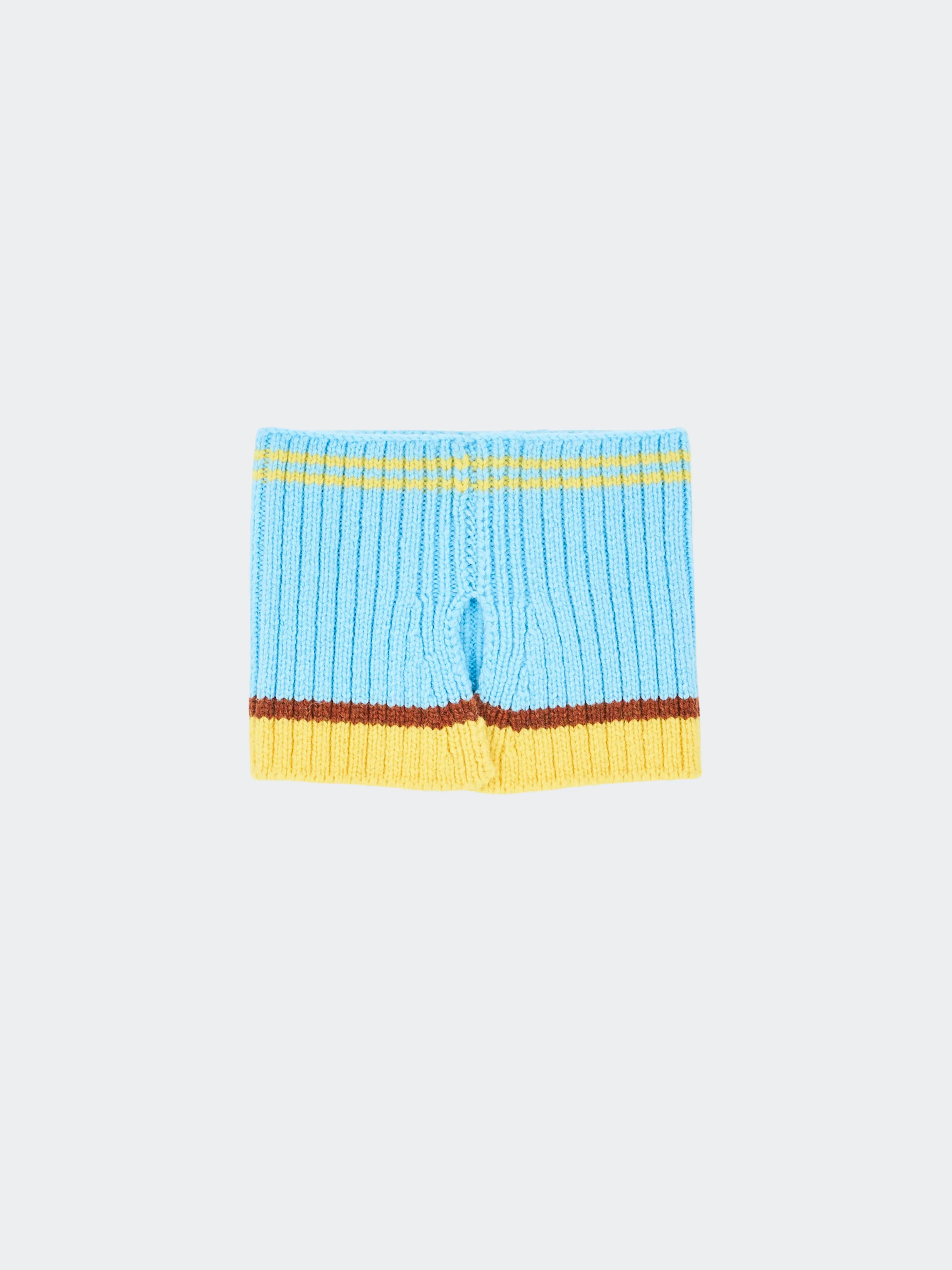 Flat lay of the multifunctional Light Blue striped knit collar, showcasing the stretchable ribbed Merino wool texture.