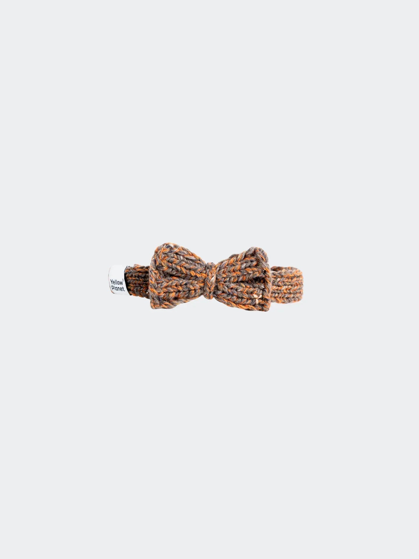 A front-facing product shot of the Rust Tweed hand-knitted pet bow tie made from a premium alpaca-wool blend.