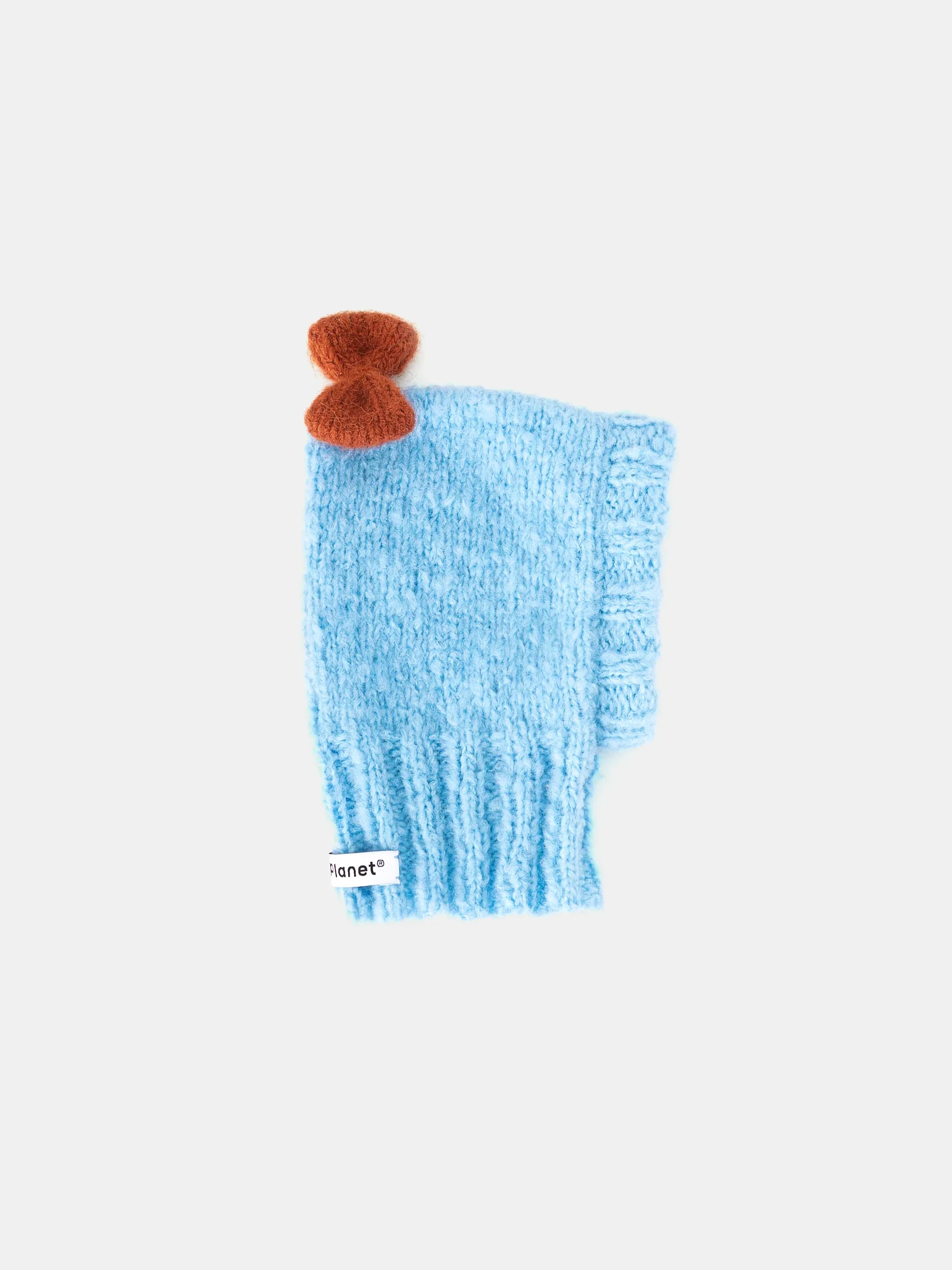 Main product view of the Sky Blue "Mochi BonBon" hand-knitted pet beanie featuring a fuzzy wool texture and a caramel brown bow.