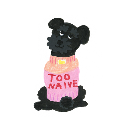 Art illustration of a black Mini Schnauzer wearing the Too Naive — Pink alpaca wool knit vest from Yellow Planet’s Cat-Sophy Series. A cozy and minimalist artwork showcasing playful canine charm and soft winter texture.