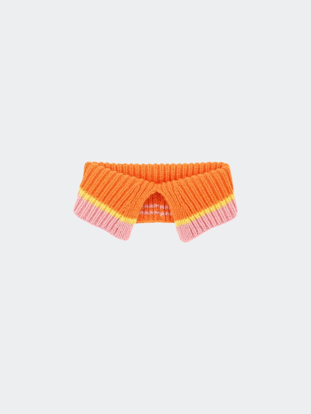 Main product view of the Vibrant Orange Merino wool pet fashion collar with a pink and yellow striped polo neckline.