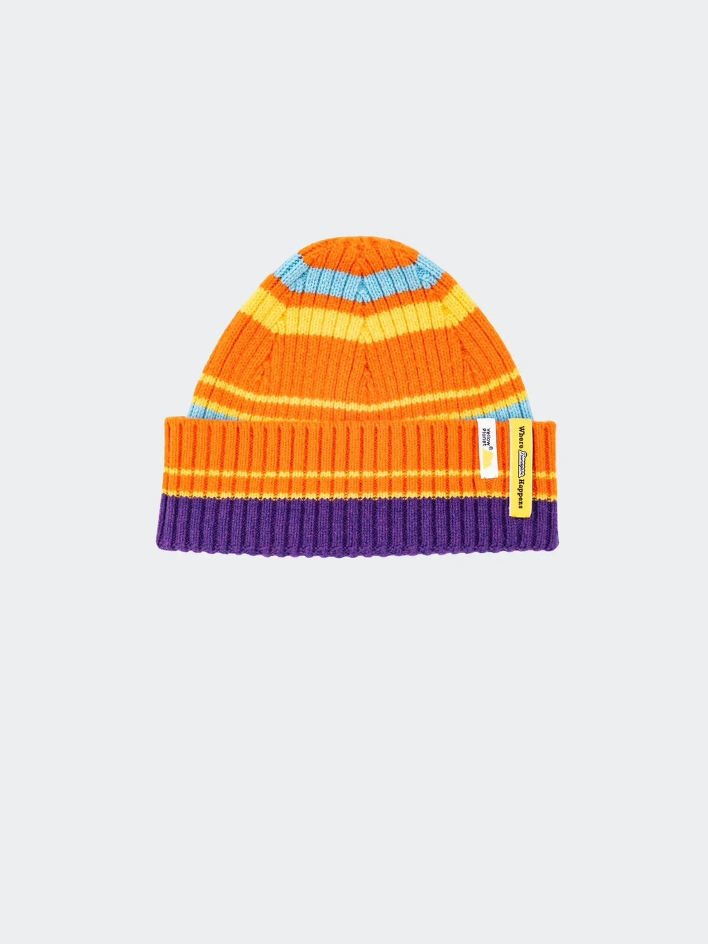 Main product view of the Vibrant Orange striped wool beanie featuring high-contrast blue and purple ribbed accents.