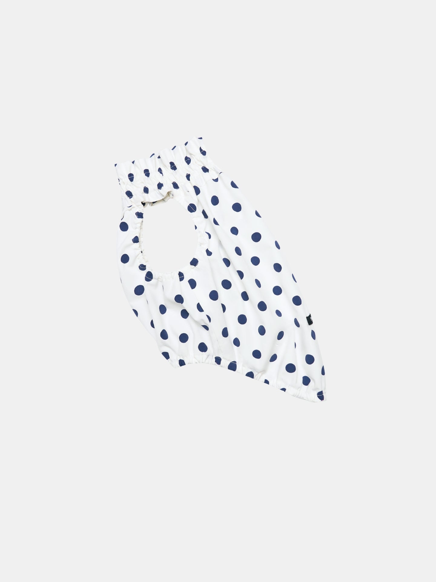 Side view of the Oasis Polka Dot UV Cooling Pet Tank in White, showing the lightweight silhouette and classic navy polka dot design.