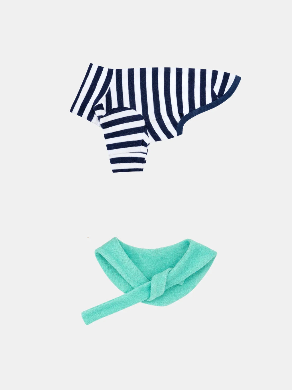 Navy white stripe yarn dyed pet outfit and mint bandana separated, flat lay white background