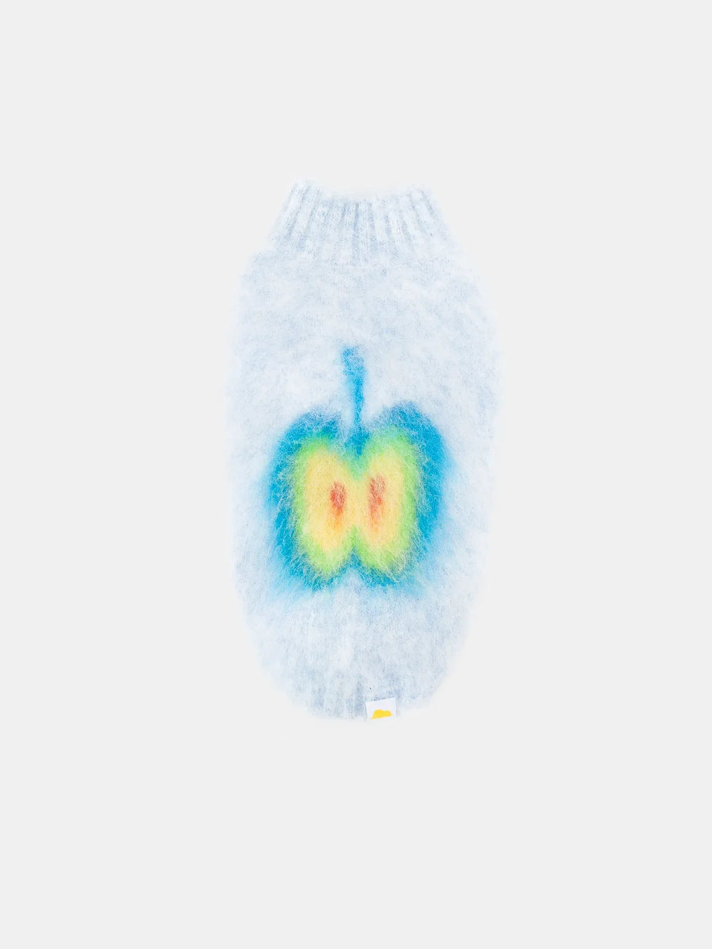 Main studio product shot of the Blue Apple fruits brushed knit pet vest with a colorful apple graphic on a white background.