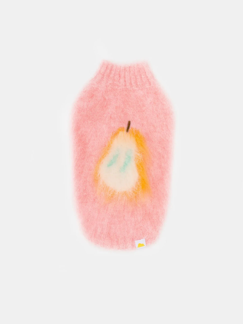 Main studio product shot of the Pink Pear fruits brushed knit pet vest featuring an artistic yellow pear graphic on a white background.