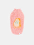 Main studio product shot of the Pink Pear fruits brushed knit pet vest featuring an artistic yellow pear graphic on a white background.