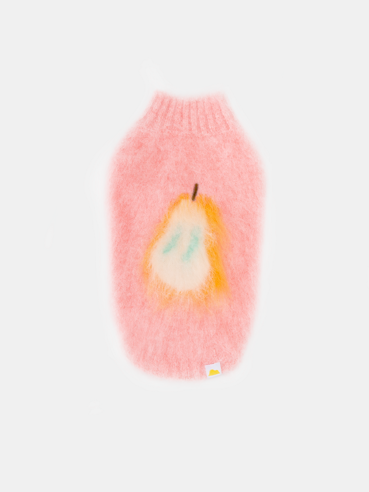 Main studio product shot of the Pink Pear fruits brushed knit pet vest featuring an artistic yellow pear graphic on a white background.
