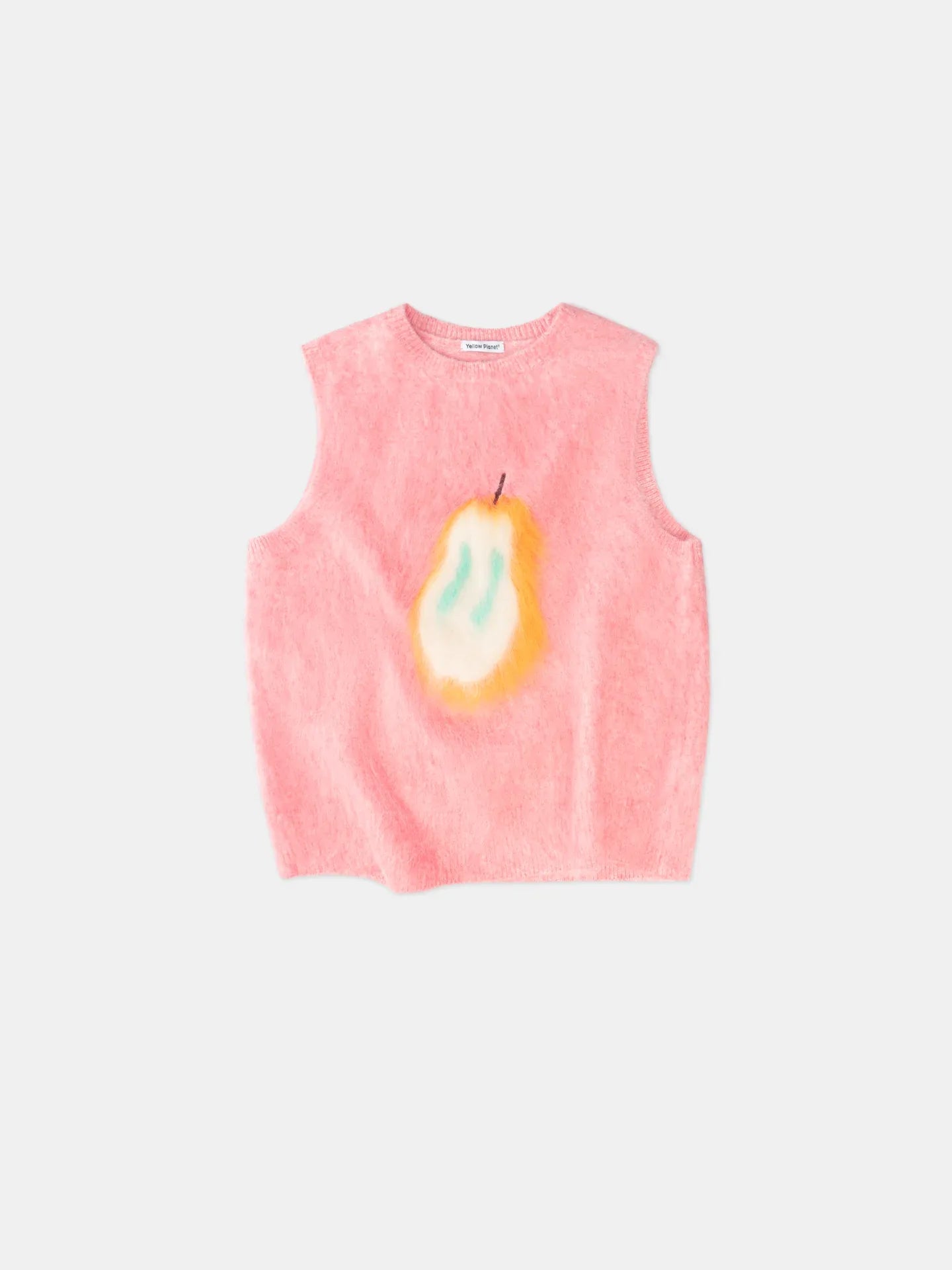 A vibrant pink brushed knit vest featuring an artist-designed pear motif with a yellow halo. This is the Human Edition of the collaboration.