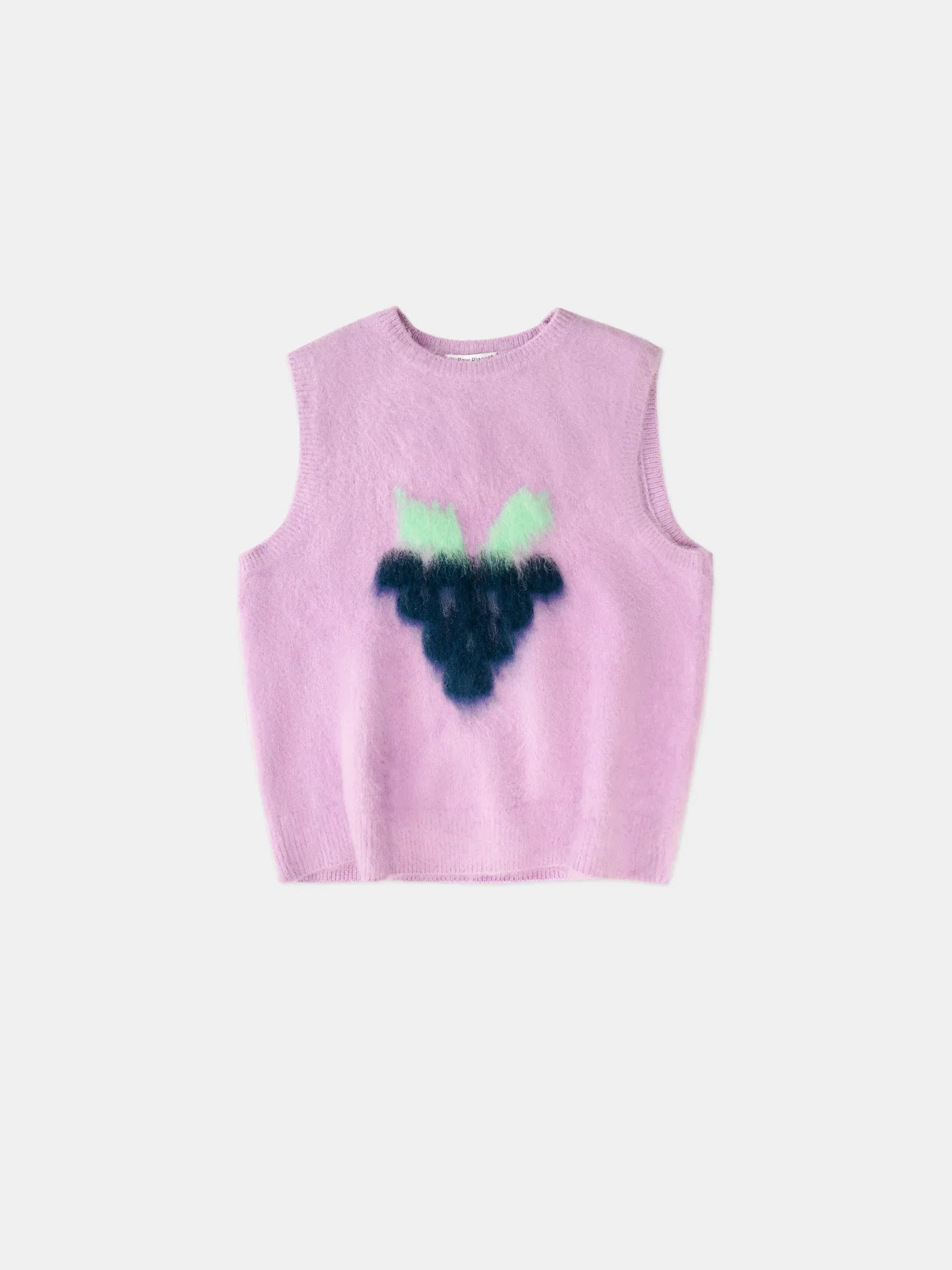 Front view of the Yellow Market Series Night Grape brushed knit vest featuring an artistic grape fruit motif on a white background.