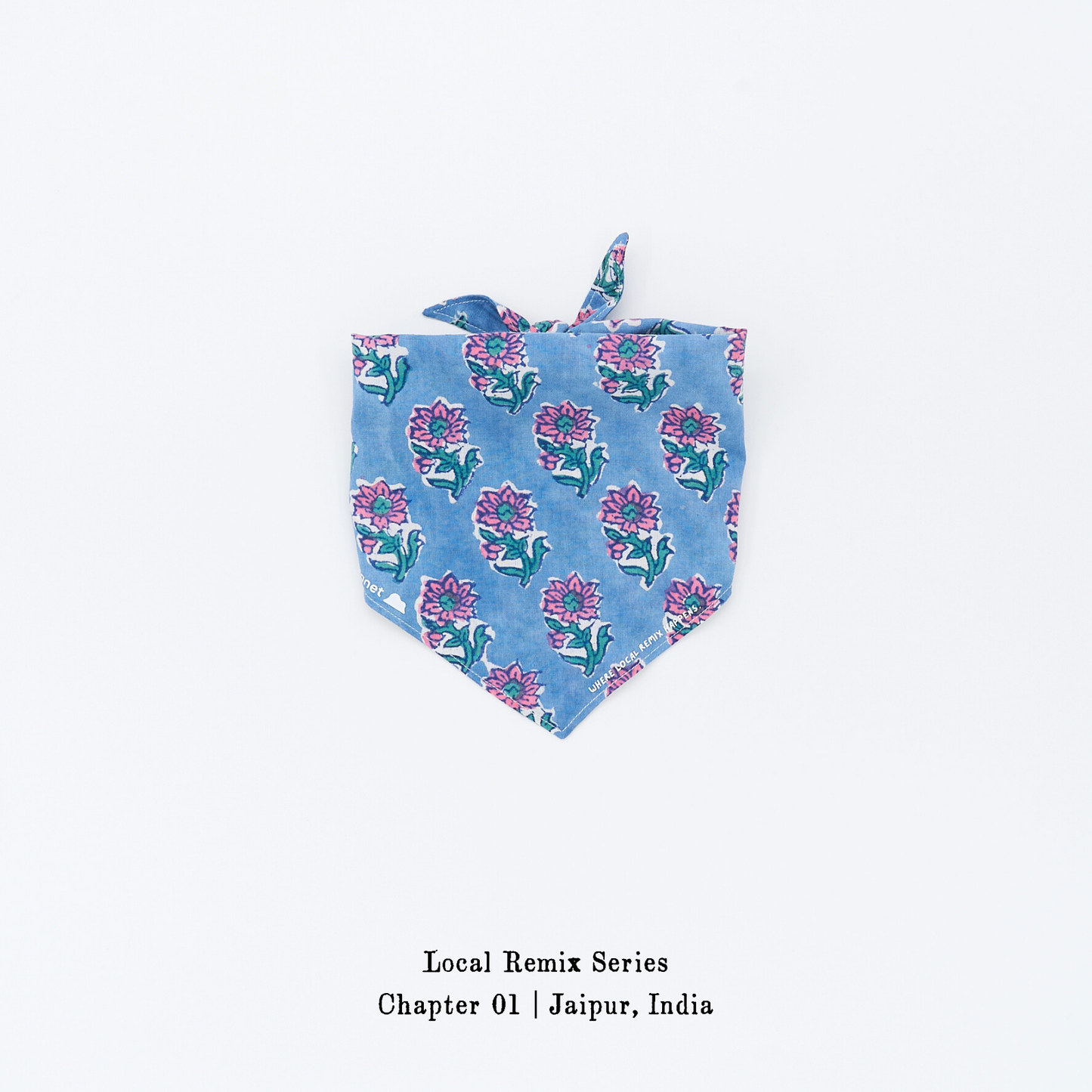 Yellow Planet® Local Remix Triangle Bandana Vol. 2 in Blue_Buti, hand block printed cotton from Jaipur, product image on white background.