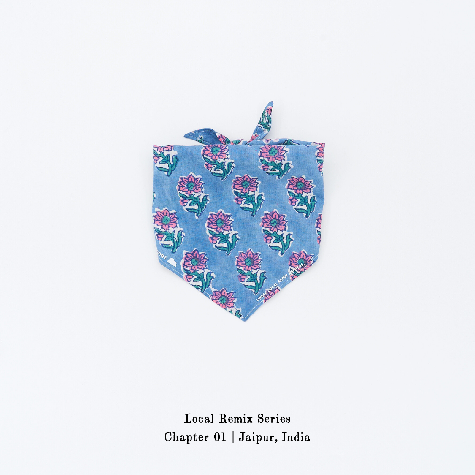 Yellow Planet® Local Remix Triangle Bandana Vol. 2 in Blue_Buti, hand block printed cotton from Jaipur, product image on white background.
