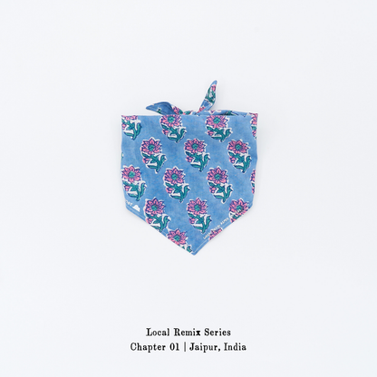 Yellow Planet® Local Remix Triangle Bandana Vol. 2 in Blue_Buti, hand block printed cotton from Jaipur, product image on white background.