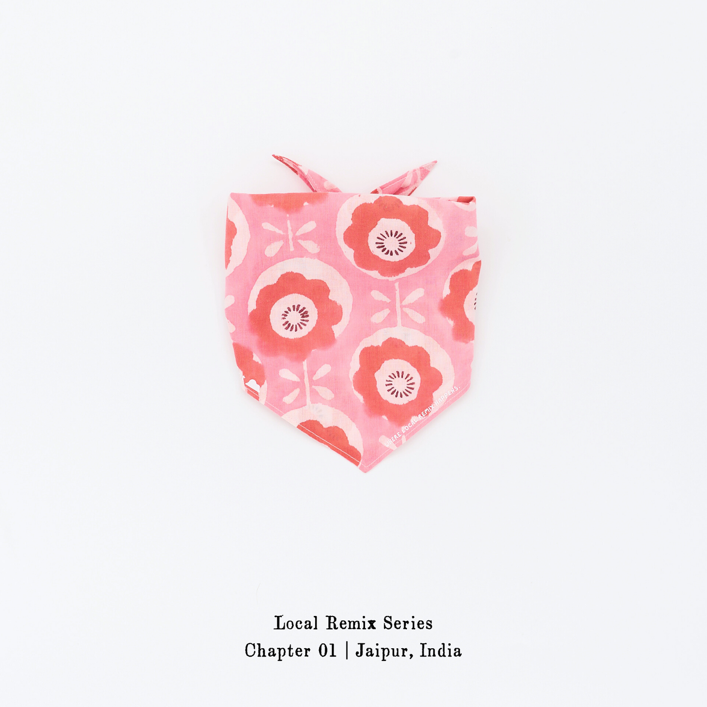 Yellow Planet® Local Remix Triangle Bandana Vol. 2 in Doodled_Poppy, crafted from hand block printed cotton in Jaipur, product image on white background.