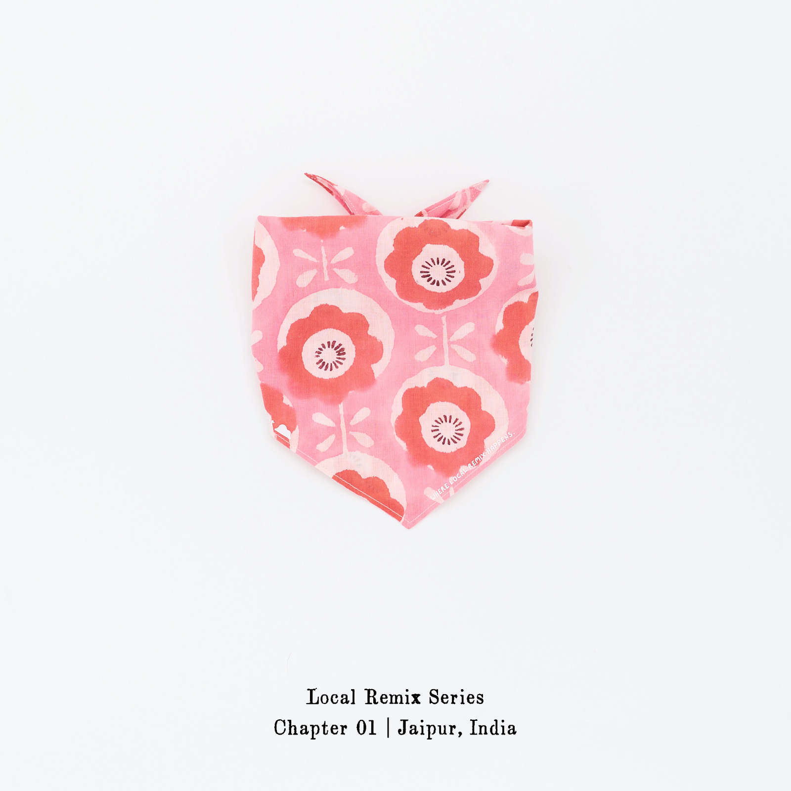 Yellow Planet® Local Remix Triangle Bandana Vol. 2 in Doodled_Poppy, crafted from hand block printed cotton in Jaipur, product image on white background.
