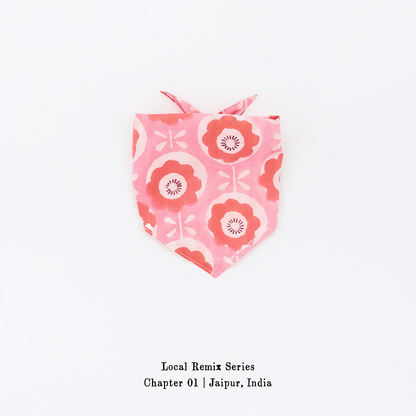 Yellow Planet® Local Remix Triangle Bandana Vol. 2 in Doodled_Poppy, crafted from hand block printed cotton in Jaipur, product image on white background.