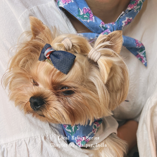 Human and dog wearing matching Yellow Planet® Local Remix Triangle Bandana Vol. 2, crafted from Jaipur hand block printed cotton.