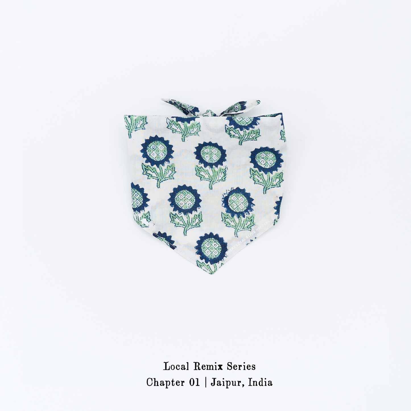 Yellow Planet® Local Remix Triangle Bandana Vol. 2 in Indigo_Sunflower, hand block printed cotton from Jaipur, product image on white background.
