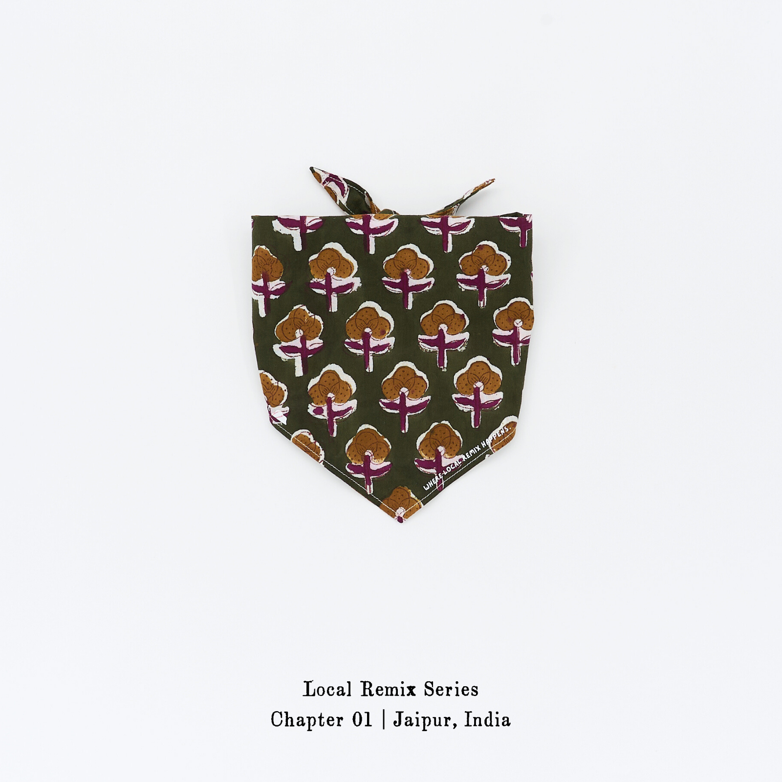 Yellow Planet® Local Remix Triangle Bandana Vol. 2 in Olive_Harmony, hand block printed cotton from Jaipur, product image on white background.
