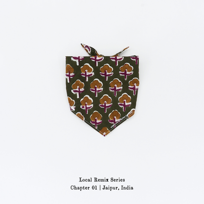 Yellow Planet® Local Remix Triangle Bandana Vol. 2 in Olive_Harmony, hand block printed cotton from Jaipur, product image on white background.
